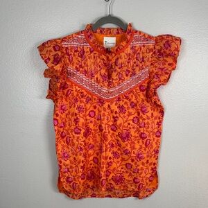 ISLAPAYAL Vibrant Block Print Pintuck Flutter Sleeve Cotton Blouse NWT small